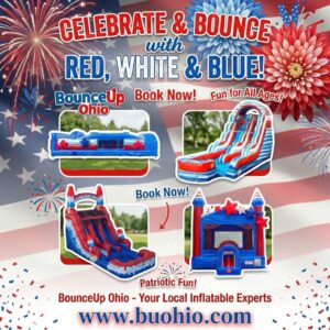 : A collection of red, white, and blue party rentals including a dual-lane Bombpop slide, a patriotic bounce house, and a 30ft obstacle course set up for a 4th of July event in Columbus, Ohio.