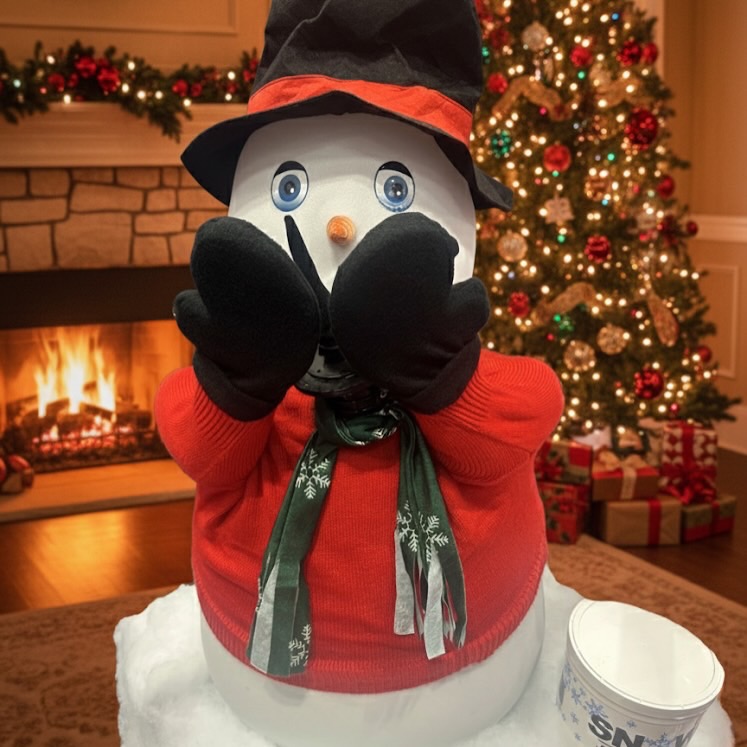 Pair of festive snowman and snowwoman themed snow machines blowing a thick flurry of realistic white artificial snow at a holiday event in Central Ohio.