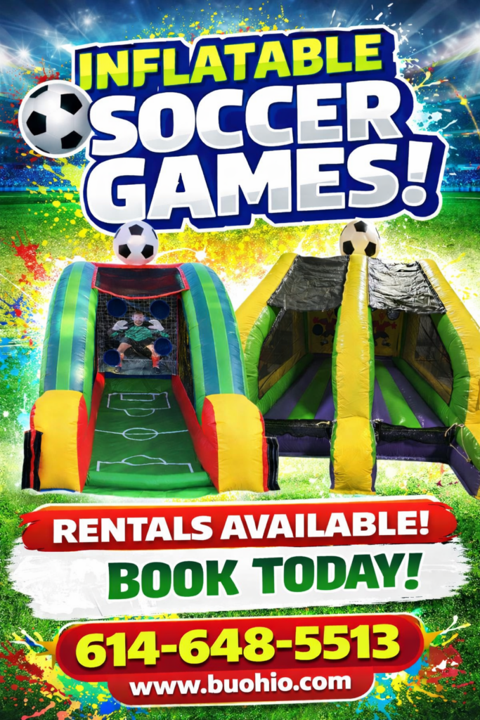 A side-by-side display of a single lane and a dual lane inflatable soccer shootout game rental, featuring vibrant sports graphics and target goals for a soccer event in Columbus, Ohio.
